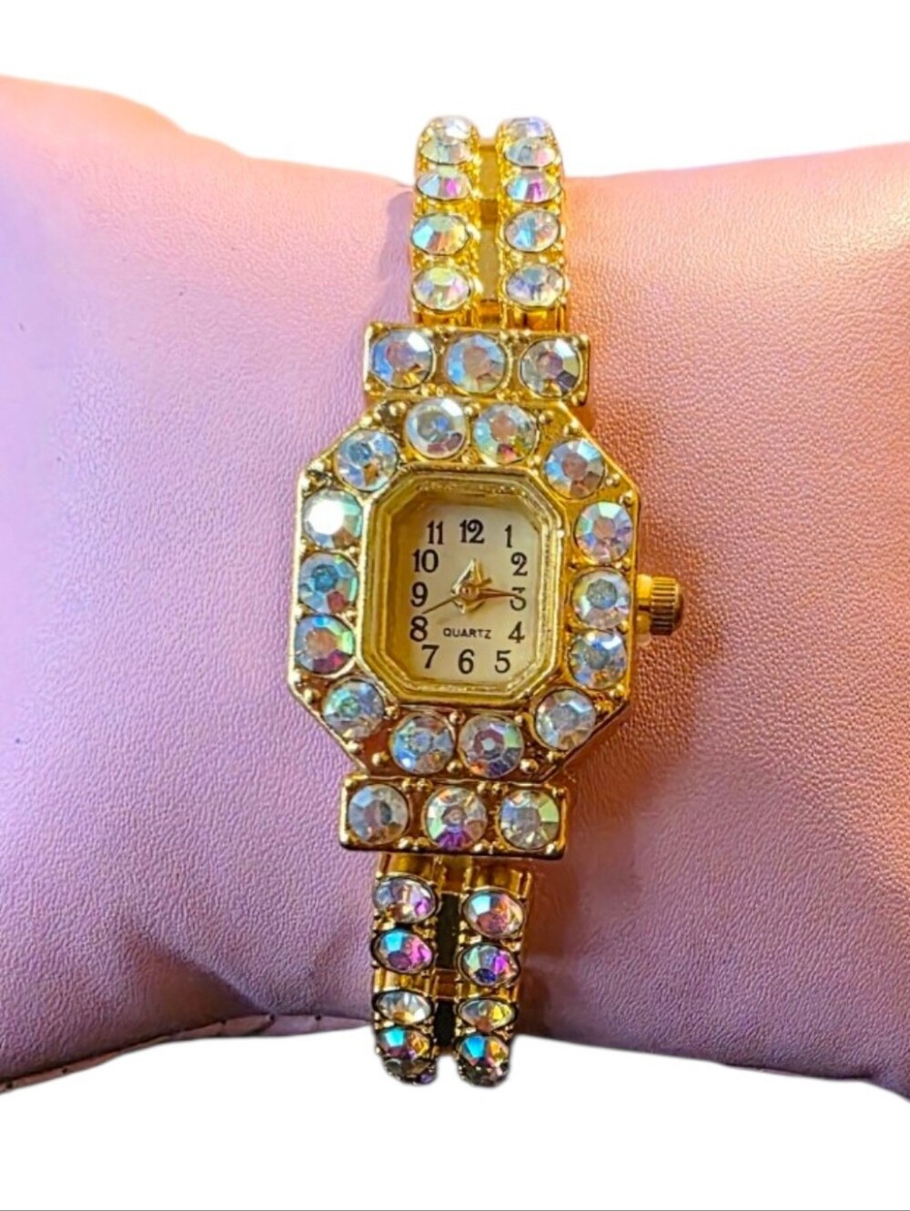 Gold-tone Octagonal Bezel AB Iridescent Crystals Link Band  Quartz Watch